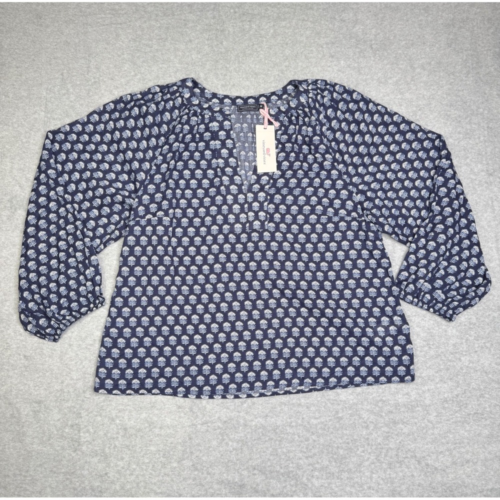 NWT Vineyard Vines Emilia Top Womens Avi Block Naut Navy LS Popover Size M Beach